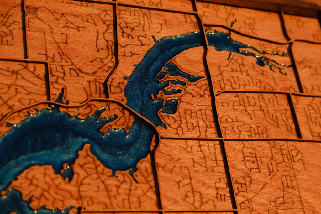 Custom Lake & Reservoir Wood Map – Epoxy Filled Wall Art